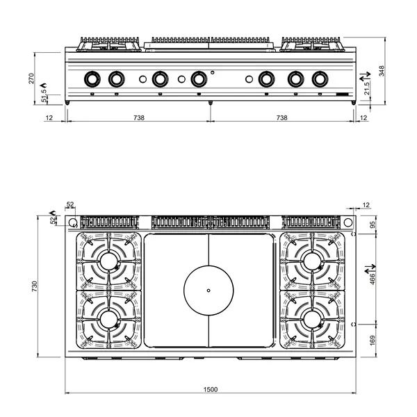 Fornuis/Doorkookplaat | OPTIMA 700 | Gas | 4 Branders (4x 7kW) + Plaat (10kW) | Waakvlam/Piëzo | 1500x700x250/320(h)mm
