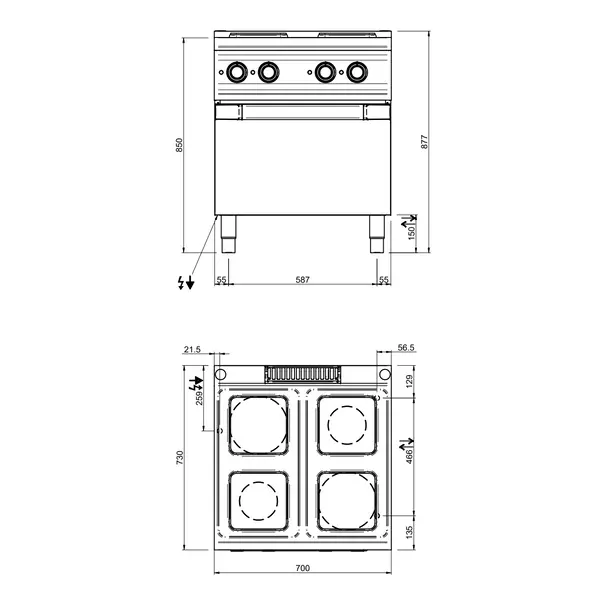 Fornuis + Oven | OPTIMA 700 | Elektrisch | 4 Kookpunten (Ø150/220) + 2/1 GN Oven | 13.5kW (400V) | 700x700x850/920(h)mm