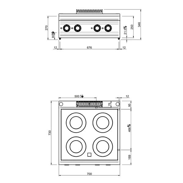 Glaskeramisch Fornuis | OPTIMA 700 | 4 Kookpunten | 8.6kW (400V) | 700x700x250/320(h)mm