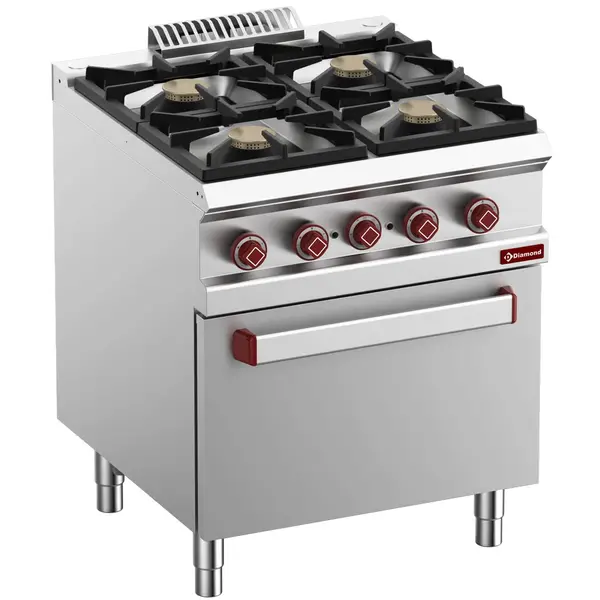 Fornuis + Heteluchtoven | OPTIMA 700 | Gas/Elektrisch | 4 Branders (4x 7kW) + 1/1 GN Oven (2.6kW-230V) | Waakvlam | 700x700x850/920(h)mm