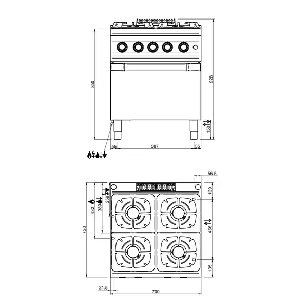 Fornuis + Heteluchtoven | OPTIMA 700 | Gas/Elektrisch | 4 Branders (4x 7kW) + 1/1 GN Oven (2.6kW-230V) | Waakvlam | 700x700x850/920(h)mm