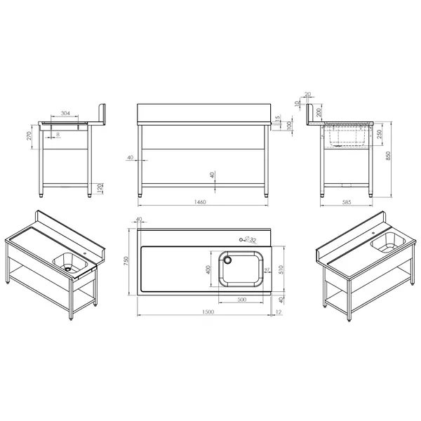 Aanvoertafel (Links) | RVS | 1 Spoelbak (Rechts) | Bodemschap | Achteropstand | 1500x770x850/1050(h)mm