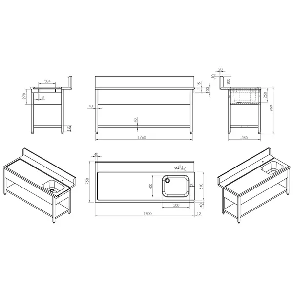Aanvoertafel (Links) | RVS | 1 Spoelbak (Rechts) | Bodemschap | Achteropstand | 1800x770x850/1050(h)mm