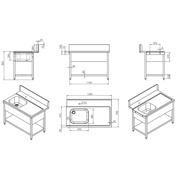 Aanvoertafel (Rechts) | RVS | 1 Spoelbak (Links) | Bodemschap | Achteropstand | 1200x770x850/1050(h)mm