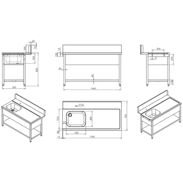 Aanvoertafel (Rechts) | RVS | 1 Spoelbak (Links) | Bodemschap | Achteropstand | 1500x770x850/1050(h)mm