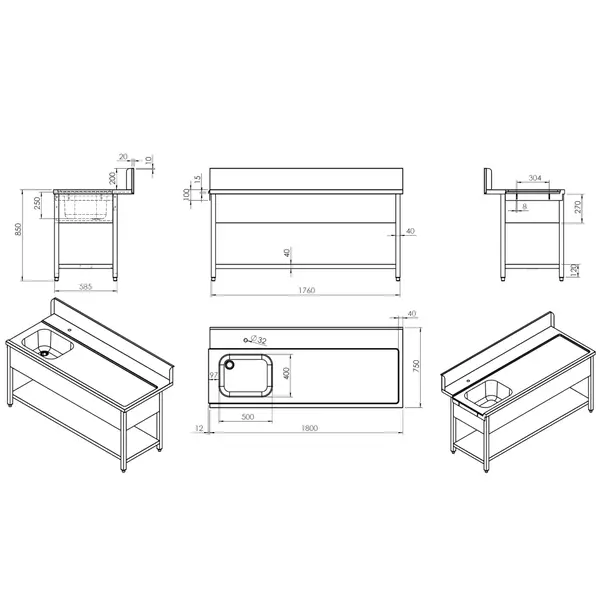 Aanvoertafel (Rechts) | RVS | 1 Spoelbak (Links) | Bodemschap | Achteropstand | 1800x770x850/1050(h)mm
