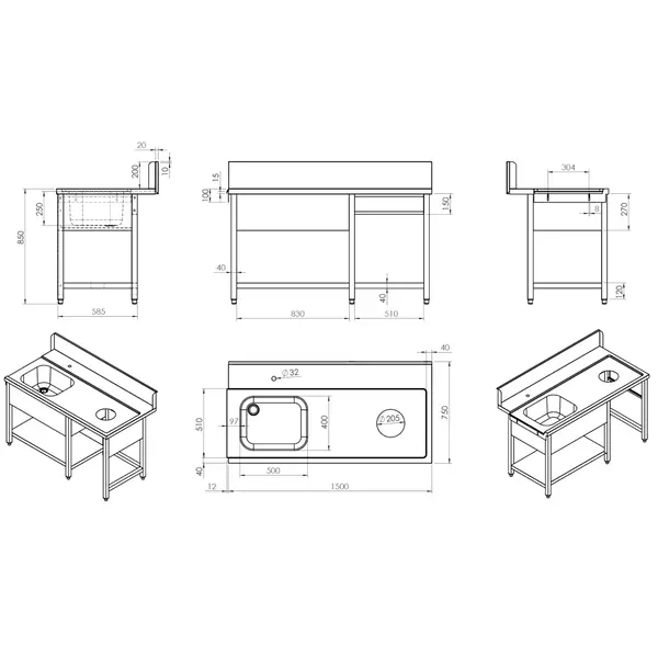 Aanvoertafel (Rechts) | RVS | 1 Spoelbak (Links) + Afvalgat | Bodemschap | Achteropstand | 1500x770x850/1050(h)mm