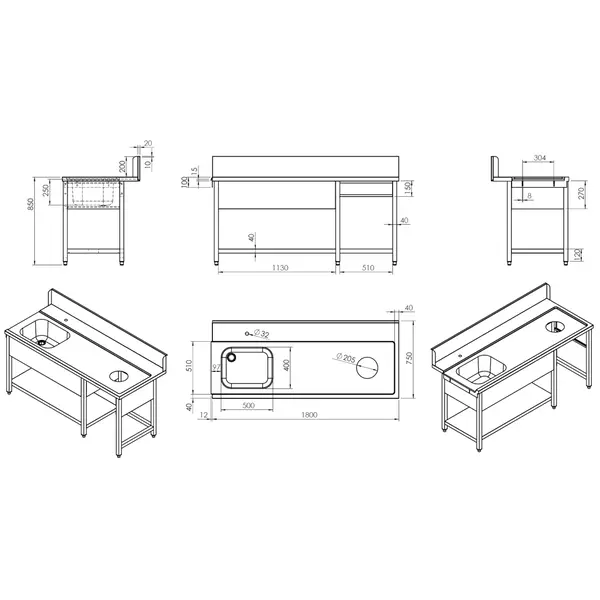 Aanvoertafel (Rechts) | RVS | 1 Spoelbak (Links) + Afvalgat | Bodemschap | Achteropstand | 1800x770x850/1050(h)mm