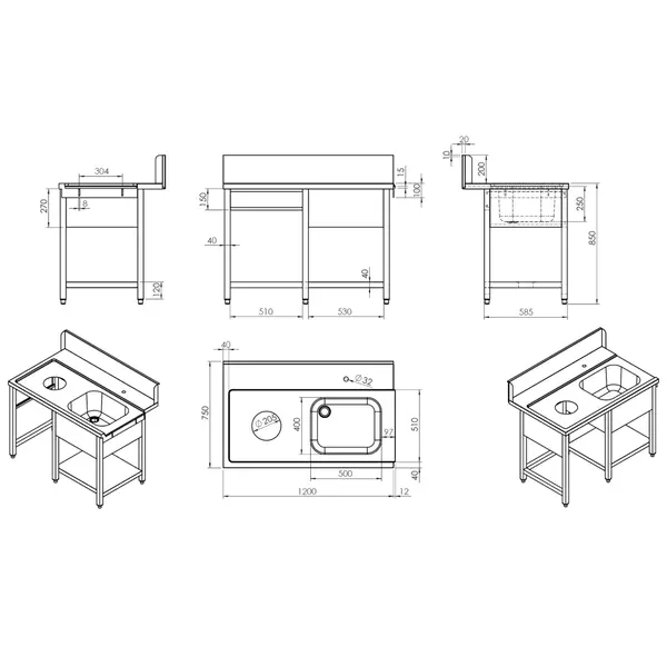Aanvoertafel (Links) | RVS | 1 Spoelbak (Rechts) + Afvalgat | Bodemschap | Achteropstand | 1200x770x850/1050(h)mm