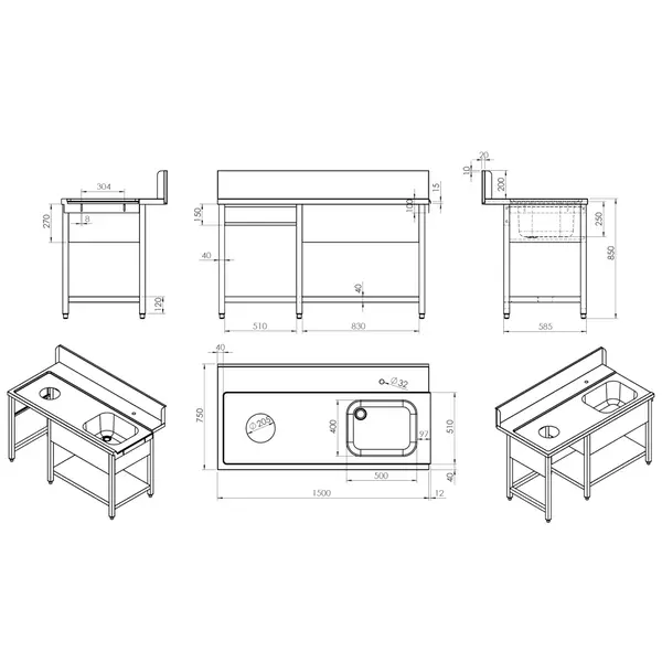 Aanvoertafel (Links) | RVS | 1 Spoelbak (Rechts) + Afvalgat | Bodemschap | Achteropstand | 1500x770x850/1050(h)mm