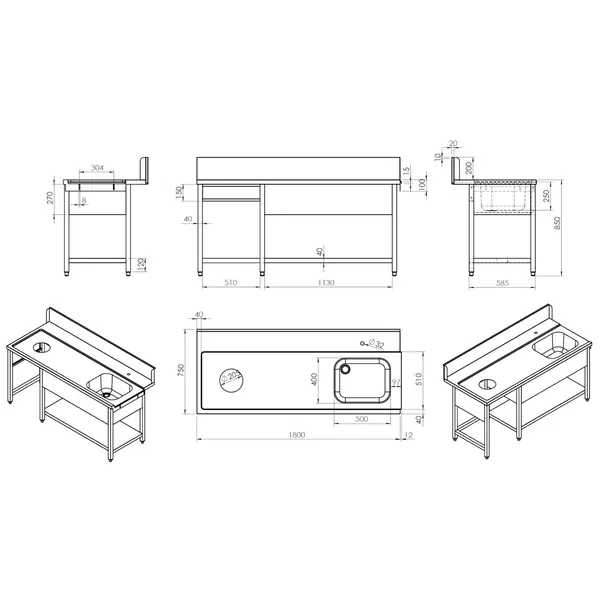 Aanvoertafel (Links) | RVS | 1 Spoelbak (Rechts) + Afvalgat | Bodemschap | Achteropstand | 1800x770x850/1050(h)mm