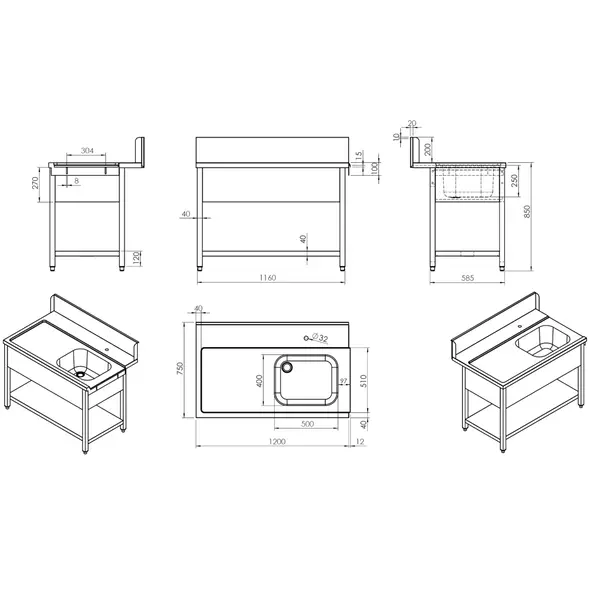 Aanvoertafel (Links) | RVS | 1 Spoelbak (Rechts) | Bodemschap | Achteropstand | 1200x770x850/1050(h)mm