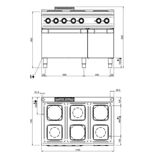 Fornuis + Oven | OPTIMA 700 | Elektrisch | 6 Kookpunten (Ø150/220) + 2/1 GN Oven | 17.6kW (400V) | Neutraal Vak | 1100x700x850/920(h)mm