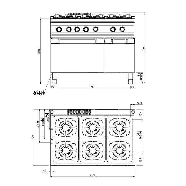 Fornuis + Oven | OPTIMA 700 | Gas | 6 Branders (6x 7kW) + 2/1 GN Oven (6kW) | Waakvlam/Piëzo | Neutraal Vak | 1100x700x850/920(h)mm