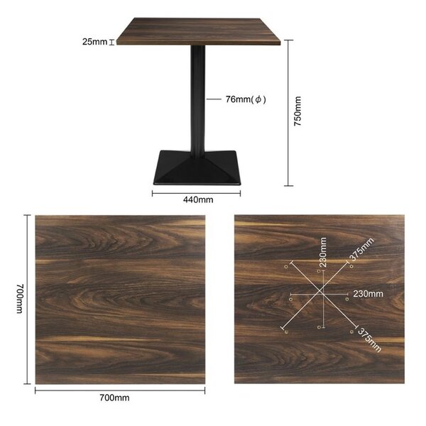 Tafel | Kunststof/Staal | Houtlook Blad | Zwart Frame | Indoor | 700x700x750(h)mm