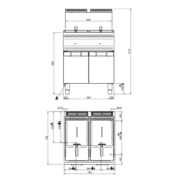 Friteuse | OPTIMA 700 | Gas | 14+14L | 90°C/190°C | 25kW | Piëzo Ontsteking | Aftapkranen | 700x700x850/1180(h)mm