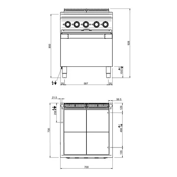 Fornuis + Oven | OPTIMA 700 | Elektrisch | 4 Kookpunten (300x300) + 2/1 GN Oven | 15.3kW (400V) | 700x700x850/920(h)mm