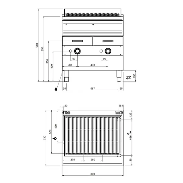 Stoomgrill | OPTIMA 700 | Gas | Oppervlak 704x475 (Gietijzer) | 17kW | Piëzo Ontsteking | Uitneembare Waterladen | 800x700x850/920(h)mm