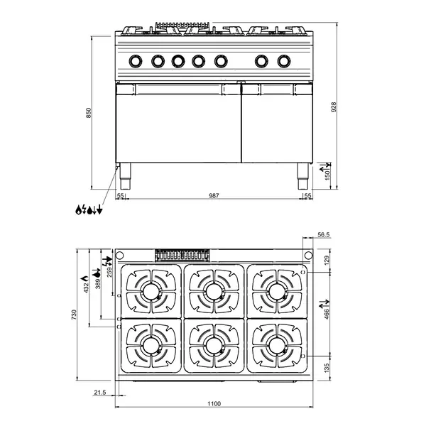 Fornuis + Heteluchtoven | OPTIMA 700 | Gas/Elektrisch | 6 Branders (6x 7kW) + 1/1 GN Oven (2.6kW-230V) | Waakvlam | Neutraal Vak | 1100x700x850/920(h)mm