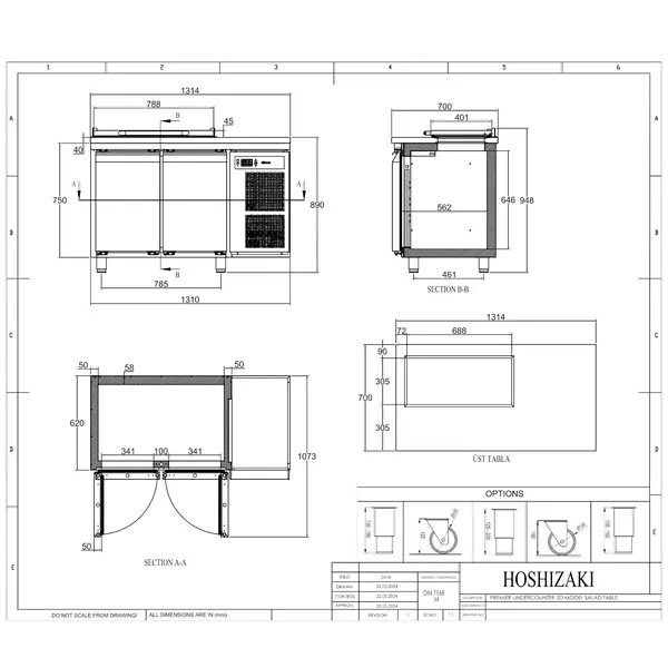 Saladette | PREMIER | 301L | 2 Deuren (1/1 GN) | Boven 4x 1/3 GN | +2°C/+12°C | Geforceerd | Klapdeksel | 1314x700x1028(h)mm