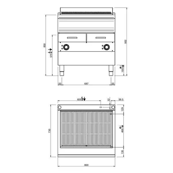 Stoomgrill | OPTIMA 700 | Elektrisch | Oppervlak 704x475 (Gietijzer) | 12kW (400V) | Uitneembare Waterladen | 800x700x850/920(h)mm
