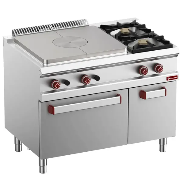 Fornuis/Doorkookplaat + Oven | OPTIMA 700 | Gas | 2 Branders (2x 7kW) + Plaat (10kW) + 2/1 GN Oven (6kW) | Waakvlam/Piëzo | Neutraal Vak | 1100x700x850/920(h)mm