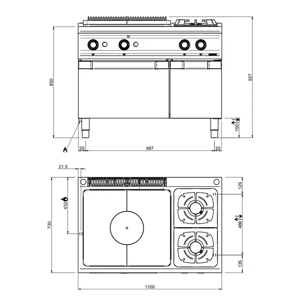 Fornuis/Doorkookplaat + Oven | OPTIMA 700 | Gas | 2 Branders (2x 7kW) + Plaat (10kW) + 2/1 GN Oven (6kW) | Waakvlam/Piëzo | Neutraal Vak | 1100x700x850/920(h)mm