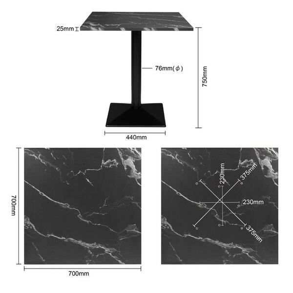 Tafel | Kunststof/Staal | Marmerlook Blad | Zwart Frame | Indoor | 700x700x750(h)mm