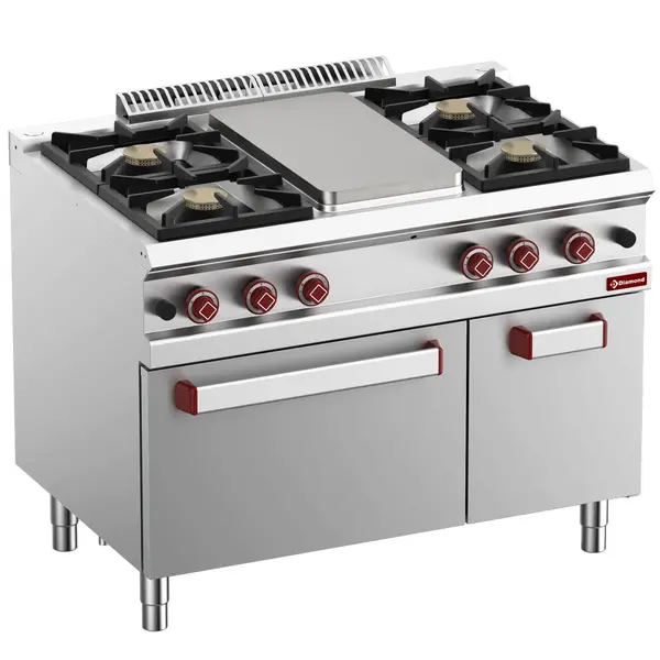 Fornuis/Doorkookplaat + Oven | OPTIMA 700 | Gas | 4 Branders (4x 7kW) + Plaat (5.5kW) + 2/1 GN Oven (6kW) | Waakvlam/Piëzo | Neutraal Vak | 1100x700x850/920(h)mm