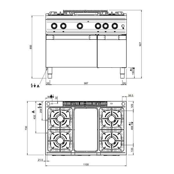 Fornuis/Doorkookplaat + Oven | OPTIMA 700 | Gas | 4 Branders (4x 7kW) + Plaat (5.5kW) + 2/1 GN Oven (6kW) | Waakvlam/Piëzo | Neutraal Vak | 1100x700x850/920(h)mm