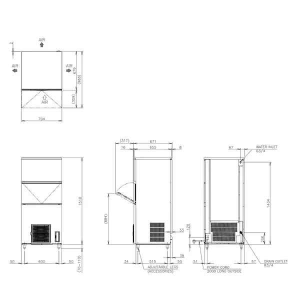 IJsblokjesmachine | IM-SERIE (CUBE) | Volle Blokjes (23g) | 210kg/24u | Bunker 110kg | Luchtgekoeld | 704x665x1510/1620(h)mm