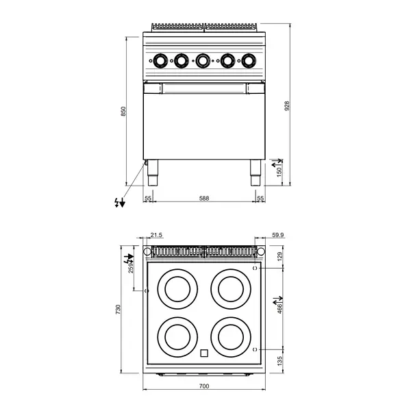 Glaskeramisch Fornuis + Oven | OPTIMA 700 | Elektrisch | 4 Kookpunten + 2/1 GN Oven | 13.9kW (400V) | 700x700x850/920(h)mm