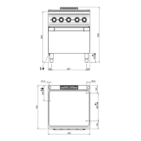 Doorkookplaat + Oven | OPTIMA 700 | Elektrisch | 4 Zones + 2/1 GN Oven/Grill | 14.3kW (400V) | 700x700x850/920(h)mm