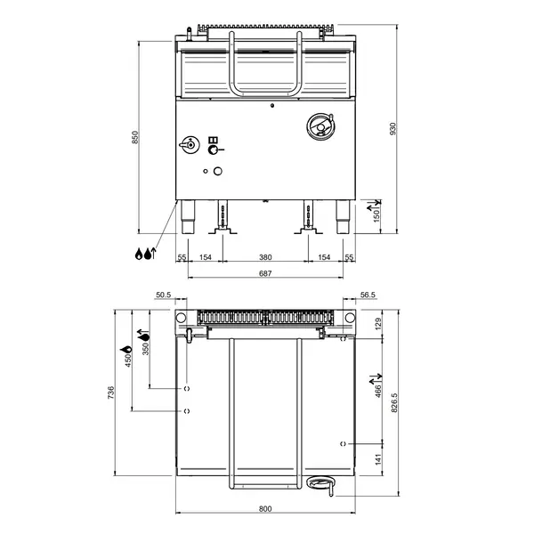 Kantelbare Braadpan | OPTIMA 700 | Gas | 60L | 90°C/300°C | 13.5kW | Piëzo Ontsteking | Vulkraan | 800x700x850/920(h)mm