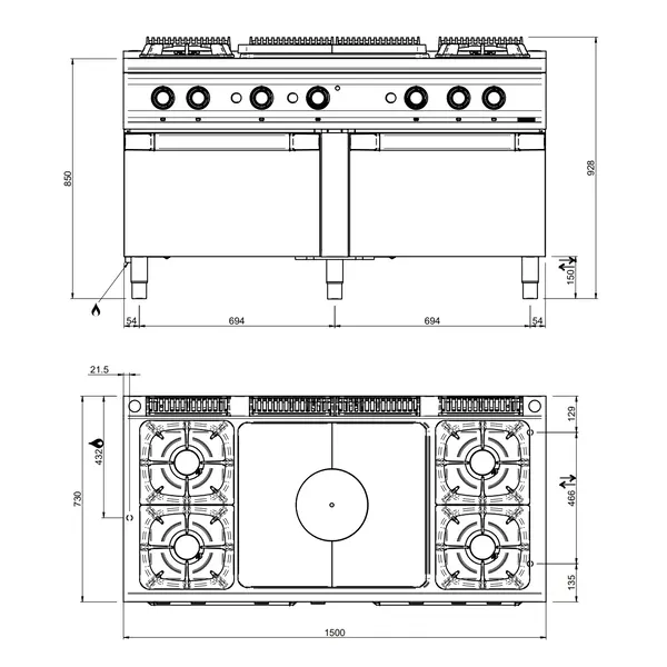 Fornuis/Doorkookplaat + 2 Ovens | OPTIMA 700 | Gas | 4 Branders (4x 7kW) + Plaat (10kW) + 2/1 GN Ovens (2x 6kW) | Waakvlam/Piëzo | 1500x700x850/920(h)mm