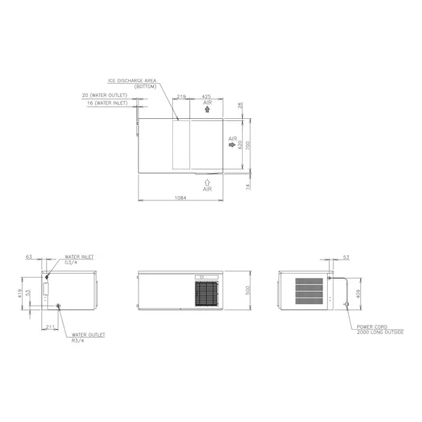 IJsblokjesmachine | IM-SERIE | Cilindervormig IJs (42g) | 190kg/24u | Zonder Bunker | Luchtgekoeld | Stapelbaar | 1084x700x500(h)mm