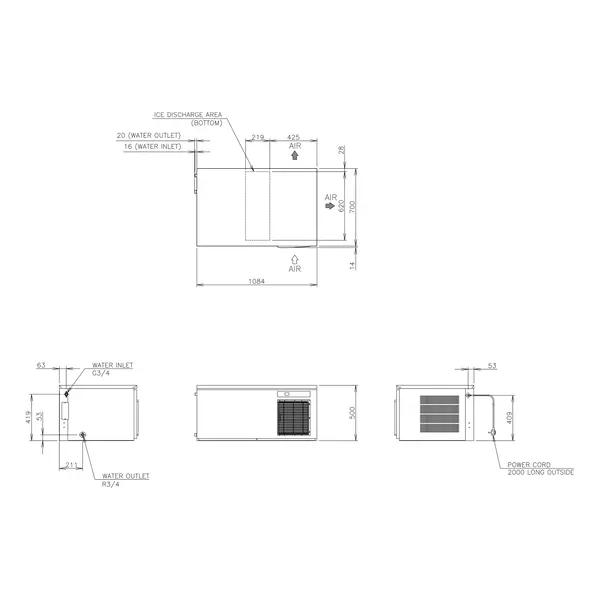 IJsblokjesmachine | IM-SERIE | Cilindervormig IJs (42g) | 190kg/24u | Zonder Bunker | Luchtgekoeld | Stapelbaar | 1084x700x500(h)mm