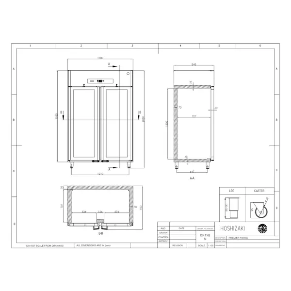 Koelkast | PREMIER | 1400L (2/1 GN) | RVS | +2°C/+12°C | Geforceerd | Voetbediening | 1380x848x2080/2130(h)mm