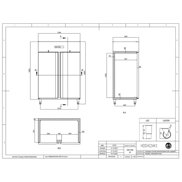 Koelkast | ADVANCE | 1200L (2/1 GN) | RVS | 0°C/+10°C | Geforceerd | 1344x830x1980/2030(h)mm