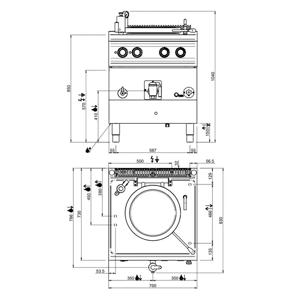 Kookketel | OPTIMA 700 | Elektrisch | 50L | Indirecte Verhitting | 9kW (400V) | Vulkraan + Aftapkraan | 700x700x850/920(h)mm