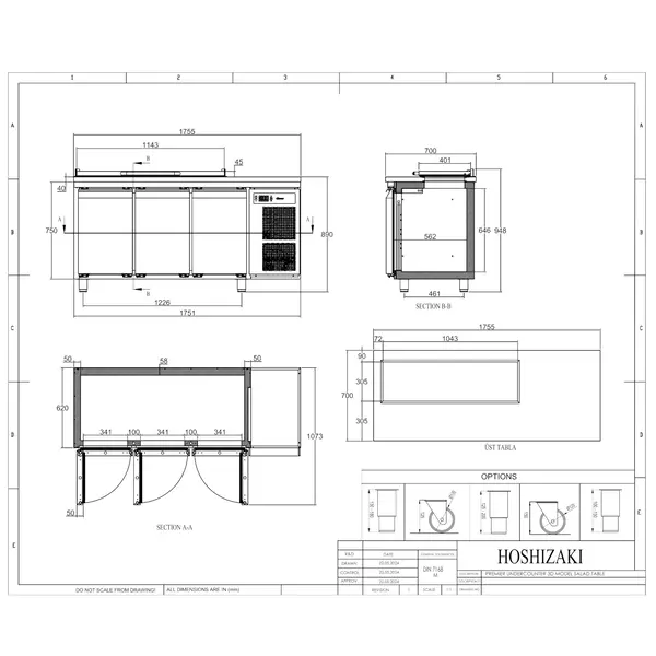 Saladette | PREMIER | 463L | 3 Deuren (1/1 GN) | Boven 6x 1/3 GN | +2°C/+12°C | Geforceerd | Klapdeksel | 1755x700x1028(h)mm