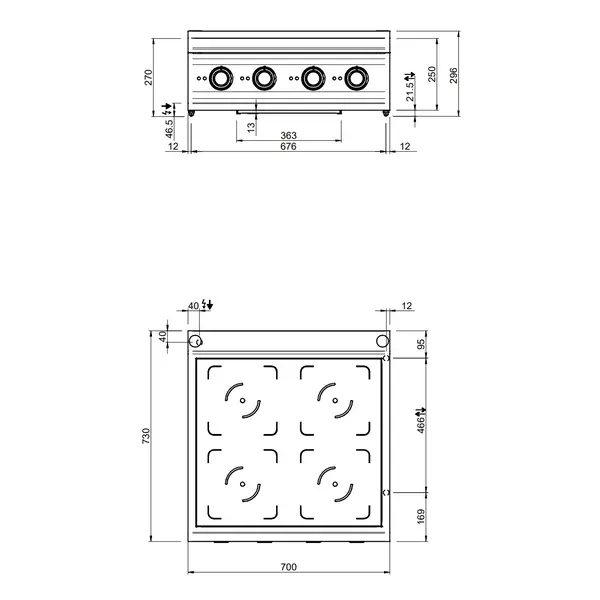 Inductiefornuis | OPTIMA 700 | 4 Kookpunten (Ø220) | 14kW (400V) | 700x700x250/320(h)mm