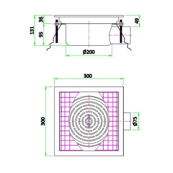 Vloerput | RVS | Afvoeraansluiting Ø75mm | 300x300x131(h)mm
