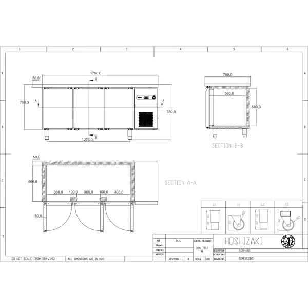 Koelwerkbank | ADVANCE | 457L | 3 Deuren (1/1 GN) | -2°C/+8°C | Geforceerd | 1780x700x900(h)mm