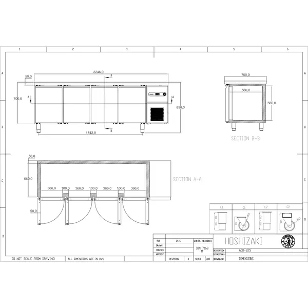 Koelwerkbank | ADVANCE | 625L | 4 Deuren (1/1 GN) | -2°C/+8°C | Geforceerd | 2246x700x900(h)mm