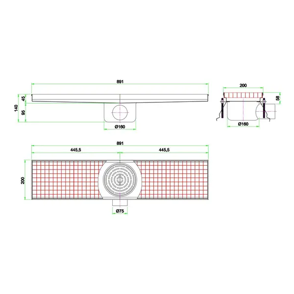 Vloerput | RVS | Afvoeraansluiting Ø75mm | 891x200x140(h)mm