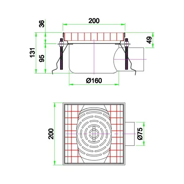 Vloerput | RVS | Afvoeraansluiting Ø75mm | 200x200x131(h)mm