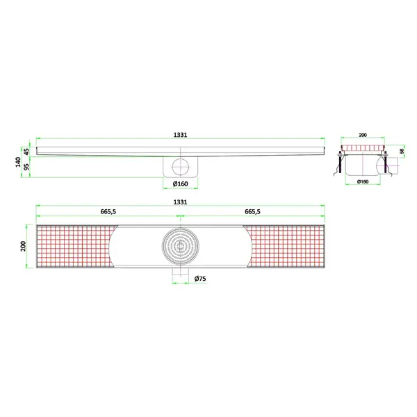 Vloerput | RVS | Afvoeraansluiting Ø75mm | 1331x200x140(h)mm