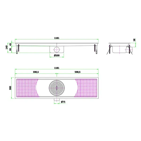 Vloerput | RVS | Afvoeraansluiting Ø75mm | 1181x300x140(h)mm