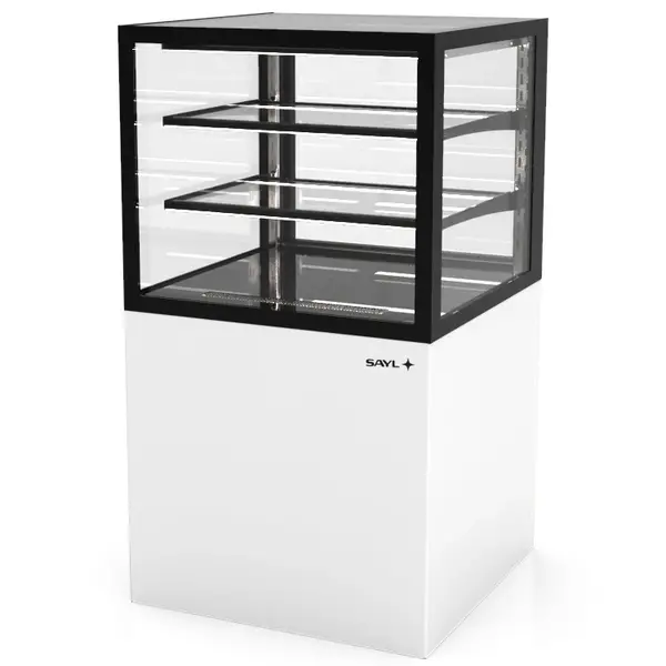 Neutrale Vitrine | INTEGRA | Wit/Zwart | 3 Niveaus | Wielen (Geremd) | 600x600x1100(h)mm